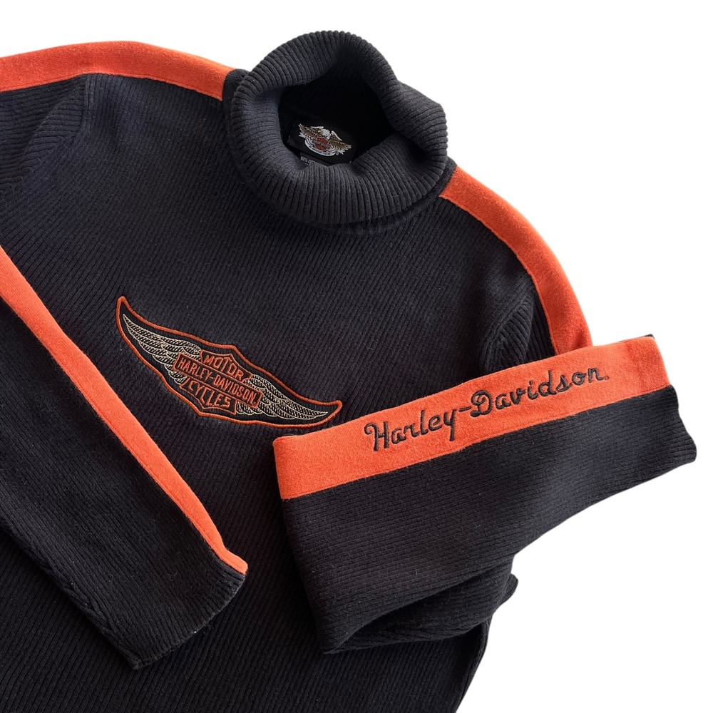 Harley Davidson 1W Black Orange Embroidered Logo Turtleneck Sweater Moto Vintage
